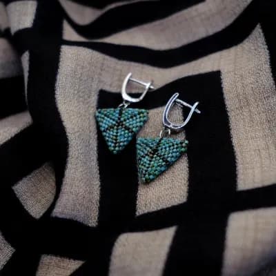 Blue Geometric Beaded Earrings - Silver plated