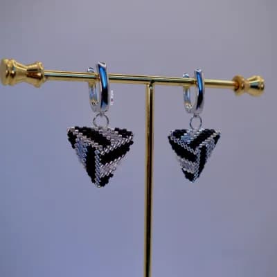 Black and Silver Geometric Beaded Earrings - Silver plated