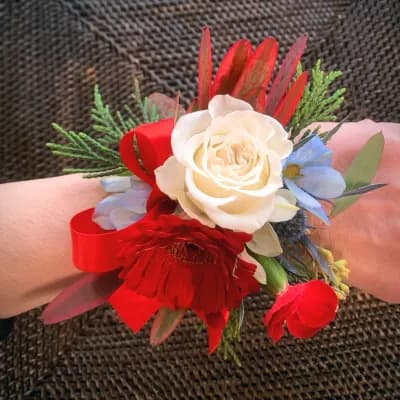 Radiant Red and White Wrist Corsage - Fresh Flowers Bellevue